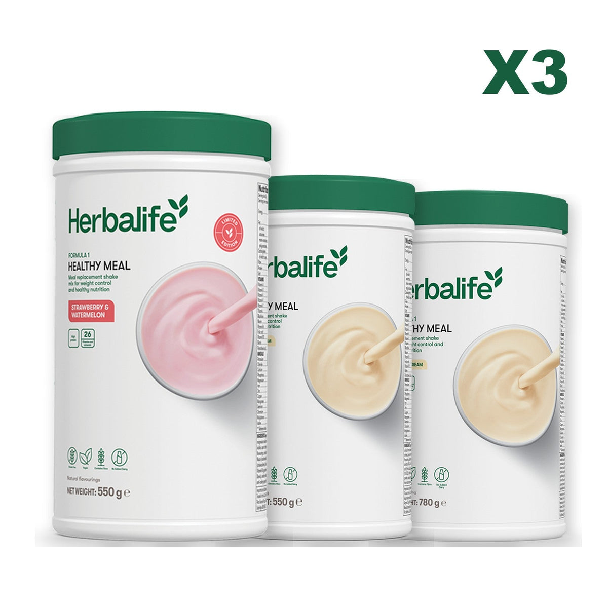 Formula 1 Strawberry Watermelon meal shake tub shown with two further Formula 1 tubs, Vanilla / Vanilla (Large 780g)