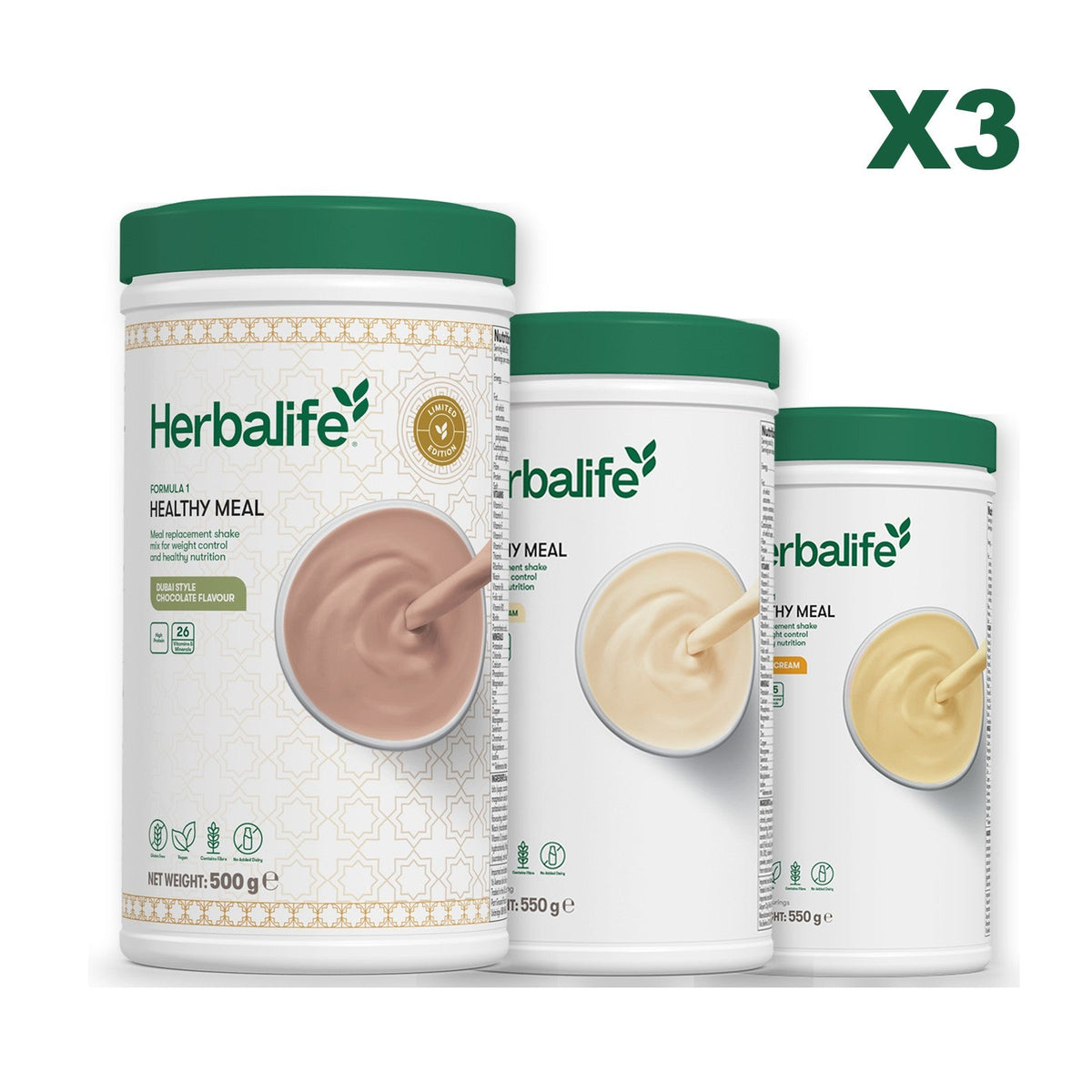 Formula 1 Dubai Style Chocolate meal shake tub shown with two further Formula 1 tubs, Vanilla / Banana Cream