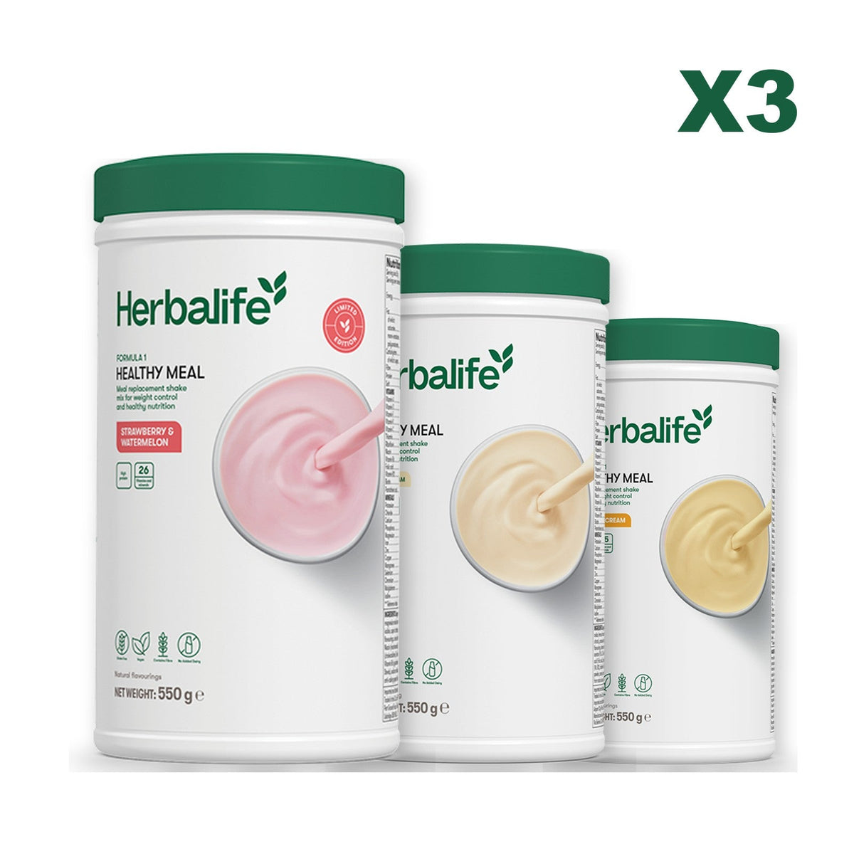 Formula 1 Strawberry Watermelon meal shake tub shown with two further Formula 1 tubs, Vanilla / Banana Cream