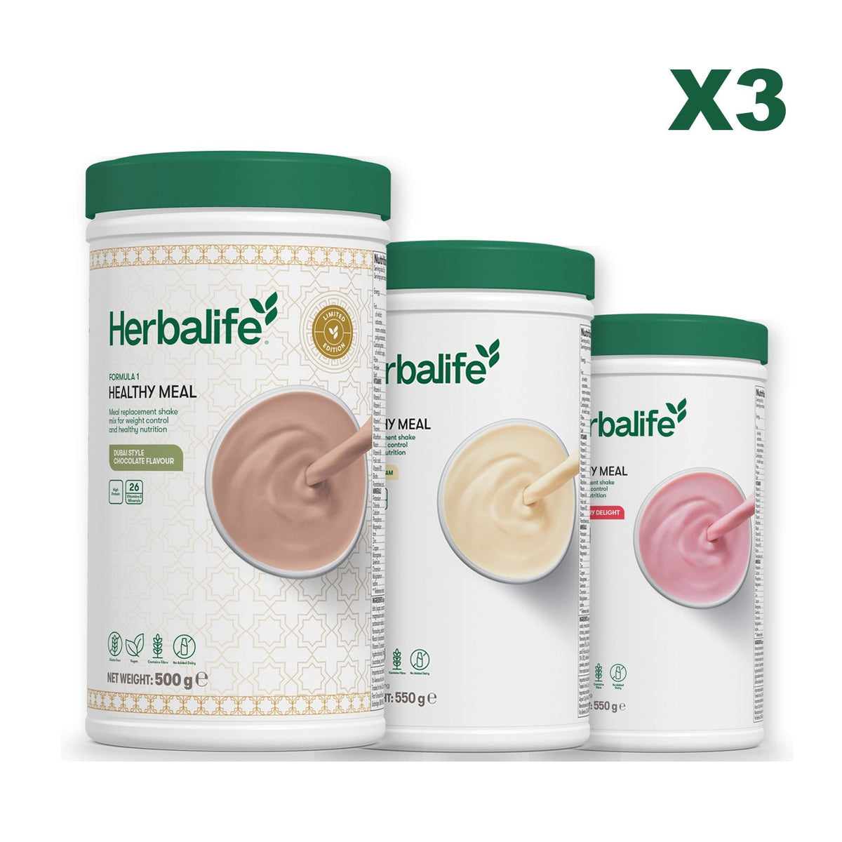 Formula 1 Dubai Style Chocolate meal shake tub shown with two further Formula 1 tubs, Vanilla / Strawberry