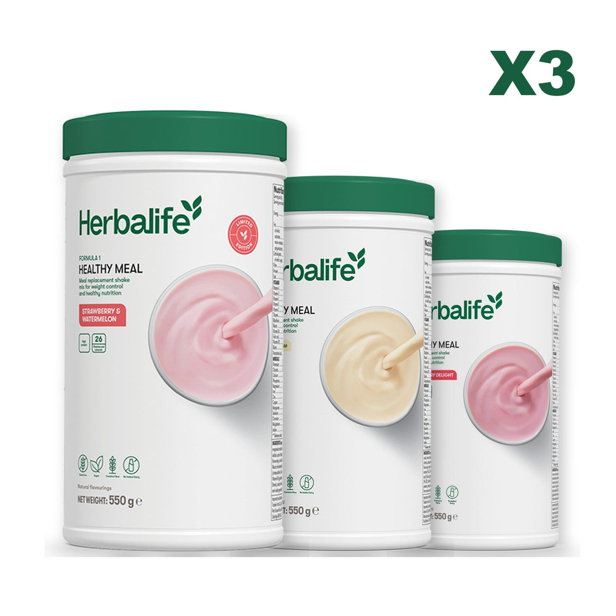 Formula 1 Strawberry Watermelon meal shake tub shown with two further Formula 1 tubs, Vanilla / Strawberry
