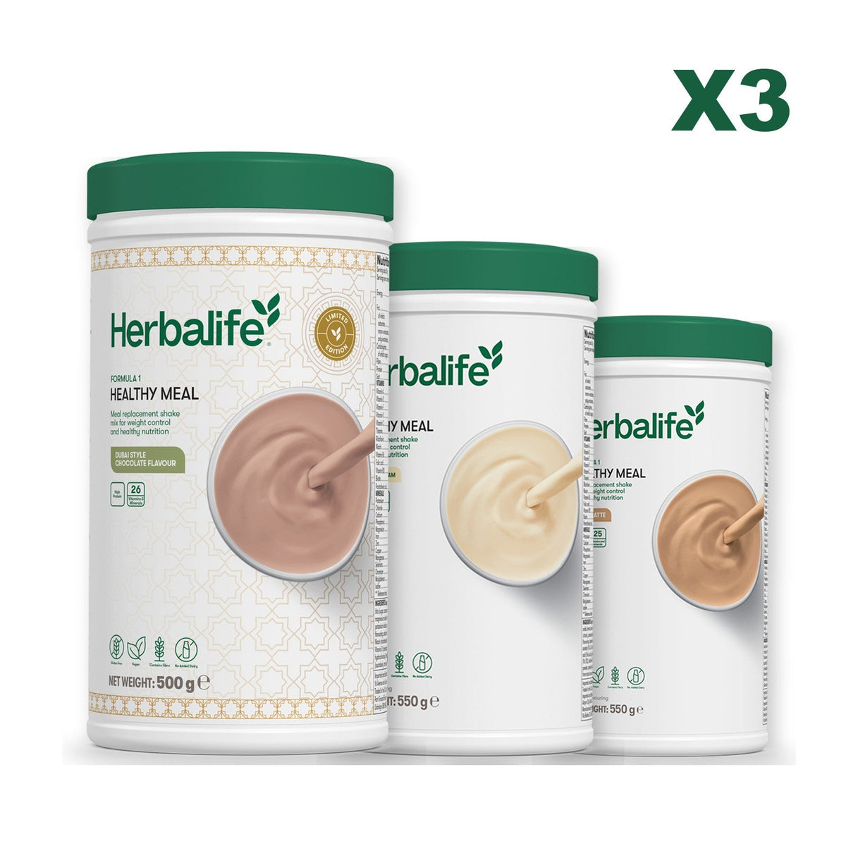 Formula 1 Dubai Style Chocolate meal shake tub shown with two further Formula 1 tubs, Vanilla / Cafe Latte
