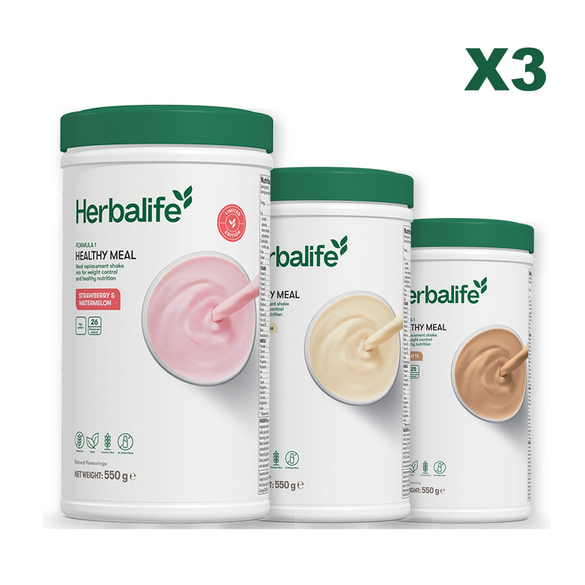 Formula 1 Strawberry Watermelon meal shake tub shown with two further Formula 1 tubs, Vanilla / Cafe Latte