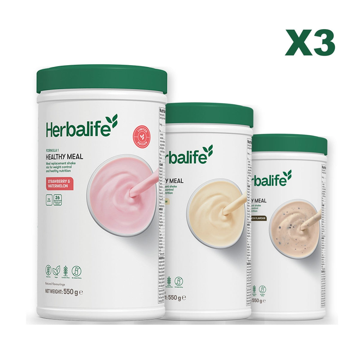 Formula 1 Strawberry Watermelon meal shake tub shown with two further Formula 1 tubs, Vanilla / Cookie Crunch