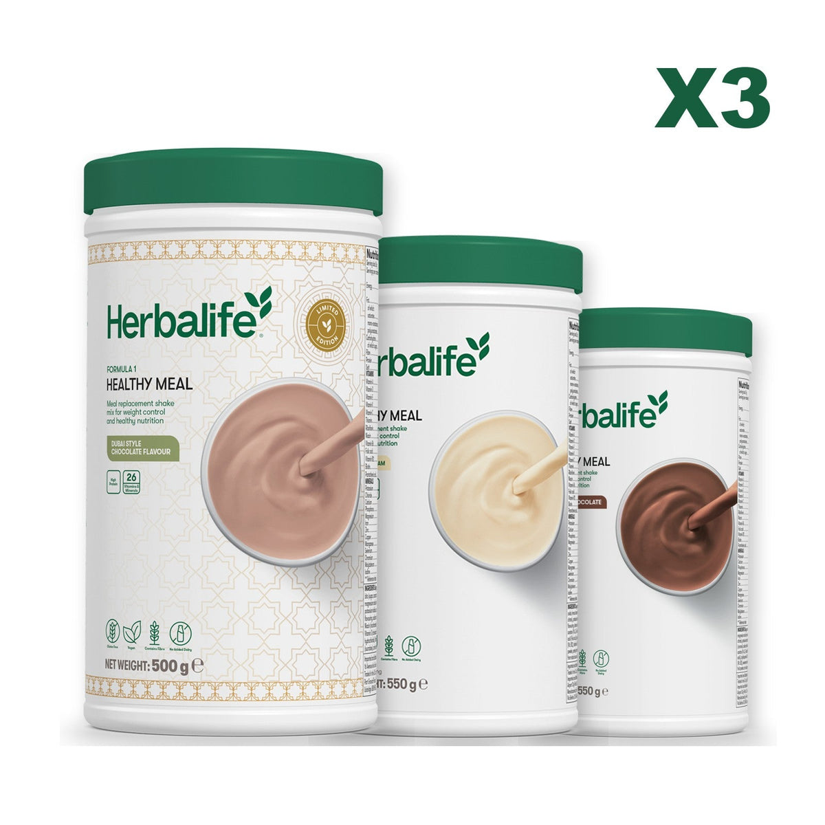 Formula 1 Dubai Style Chocolate meal shake tub shown with two further Formula 1 tubs, Vanilla / Chocolate