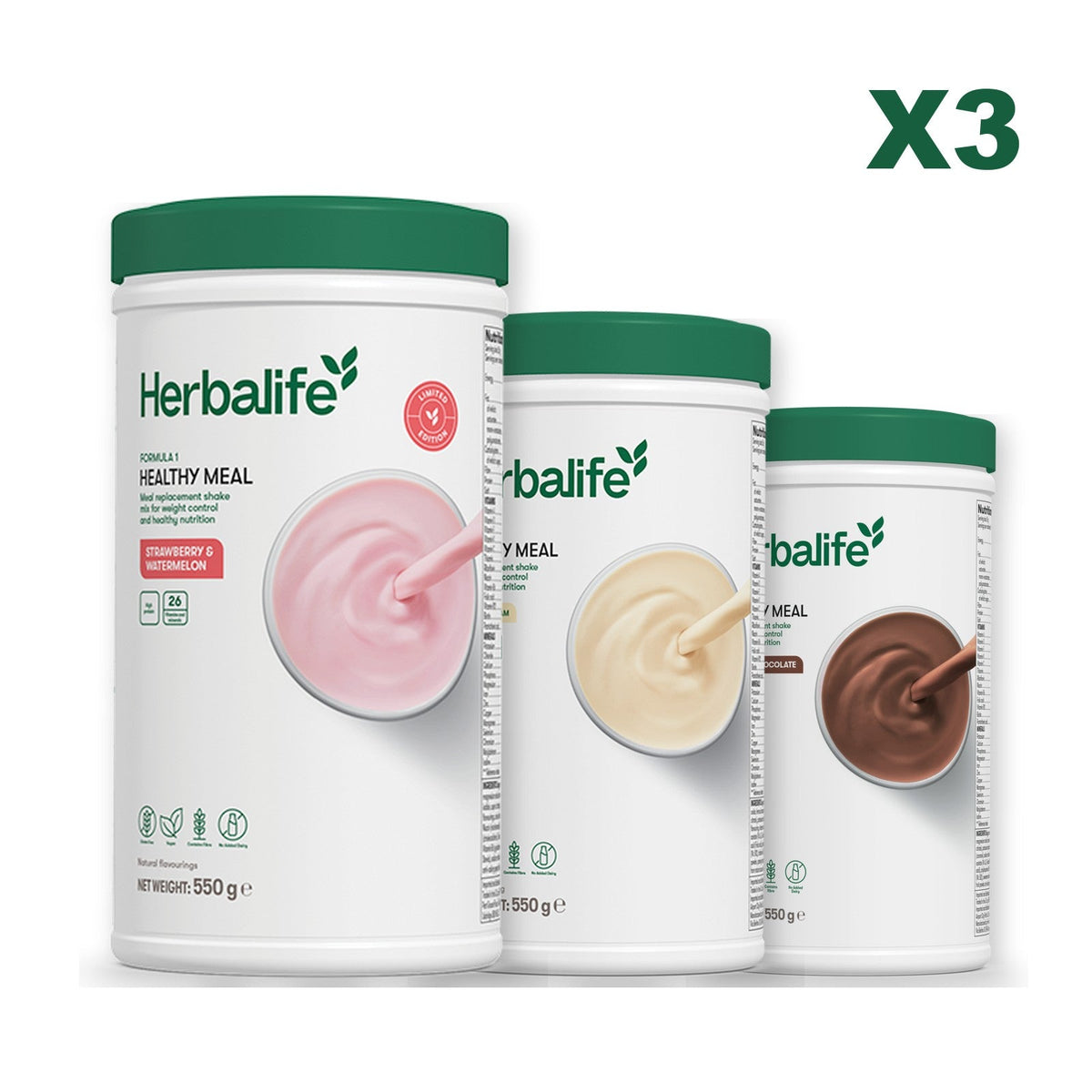 Formula 1 Strawberry Watermelon meal shake tub shown with two further Formula 1 tubs, Vanilla / Chocolate