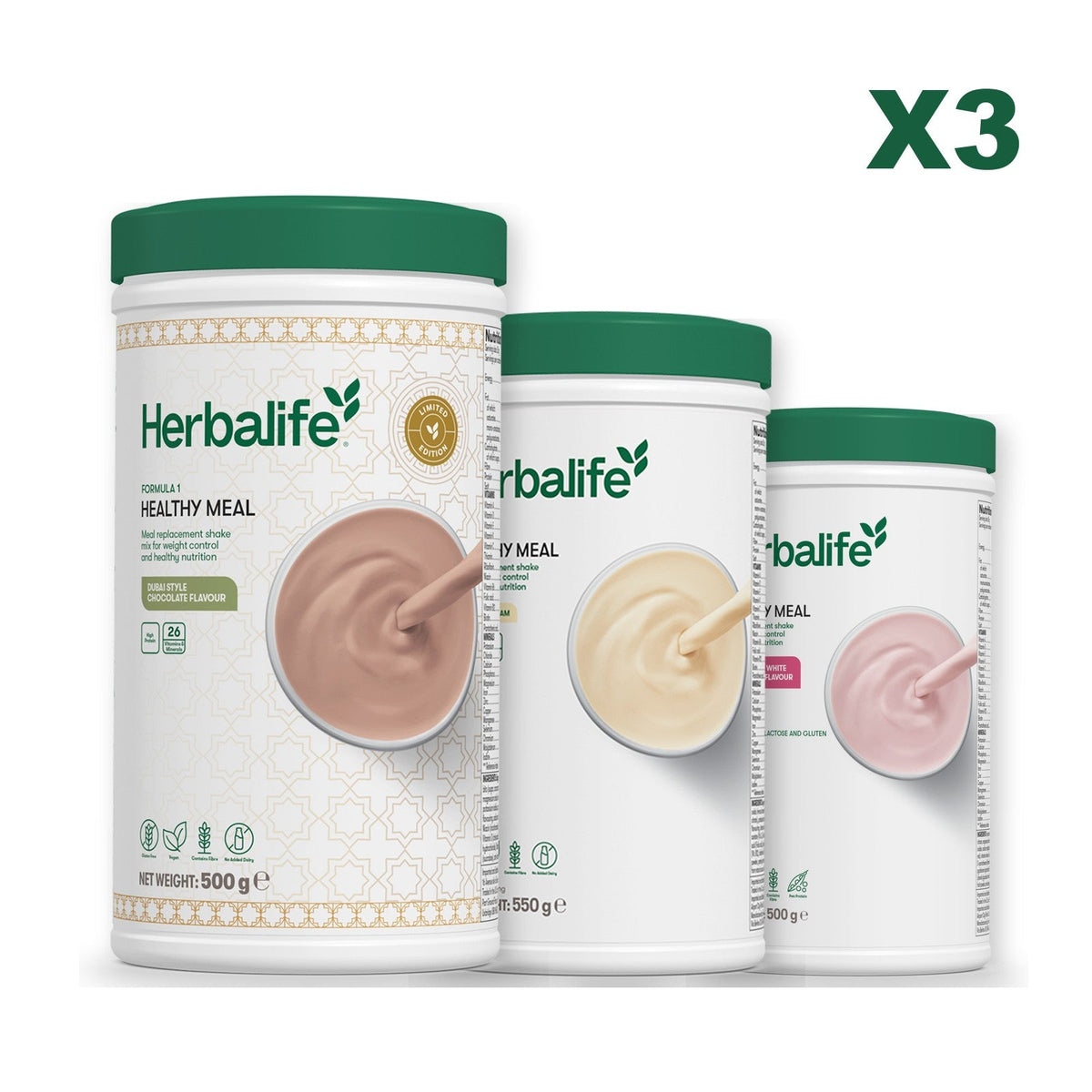 Formula 1 Dubai Style Chocolate meal shake tub shown with two further Formula 1 tubs, Vanilla / Free From Raspberry & White Chocolate