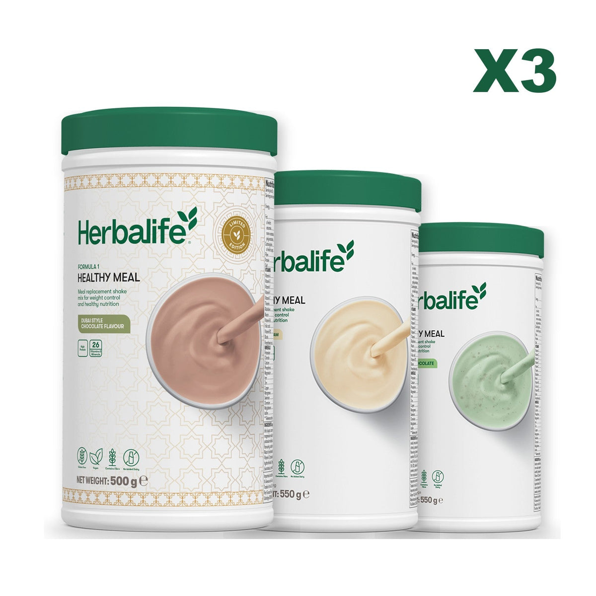 Formula 1 Dubai Style Chocolate meal shake tub shown with two further Formula 1 tubs, Vanilla / Mint Chocolate