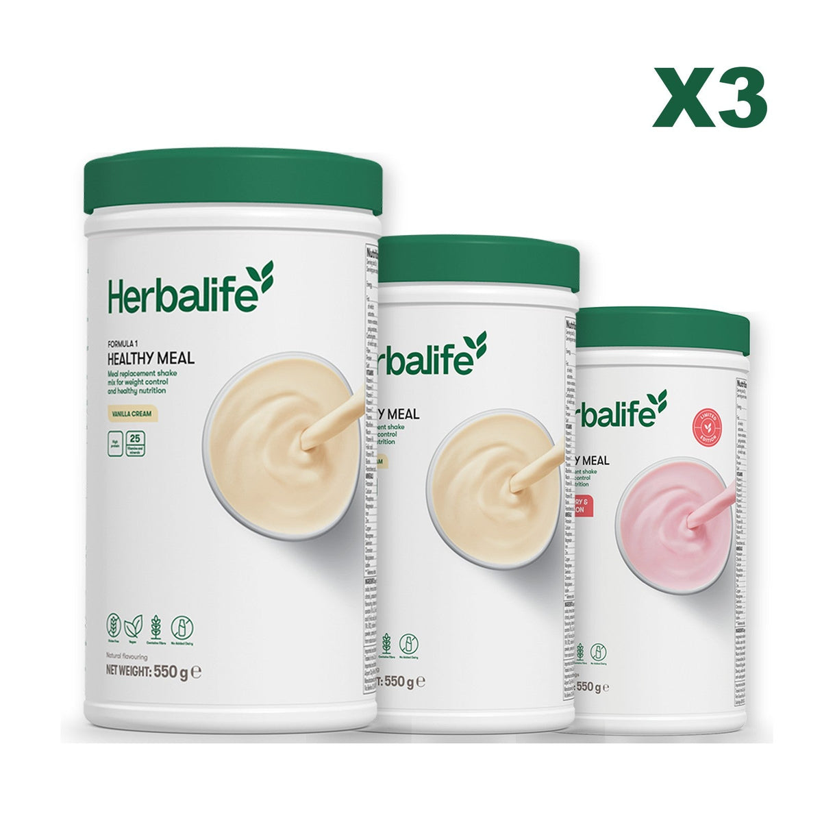 Three Formula 1 shake tubs led by Vanilla Cream, plus two flavours you choose, Vanilla / Strawberry Watermelon