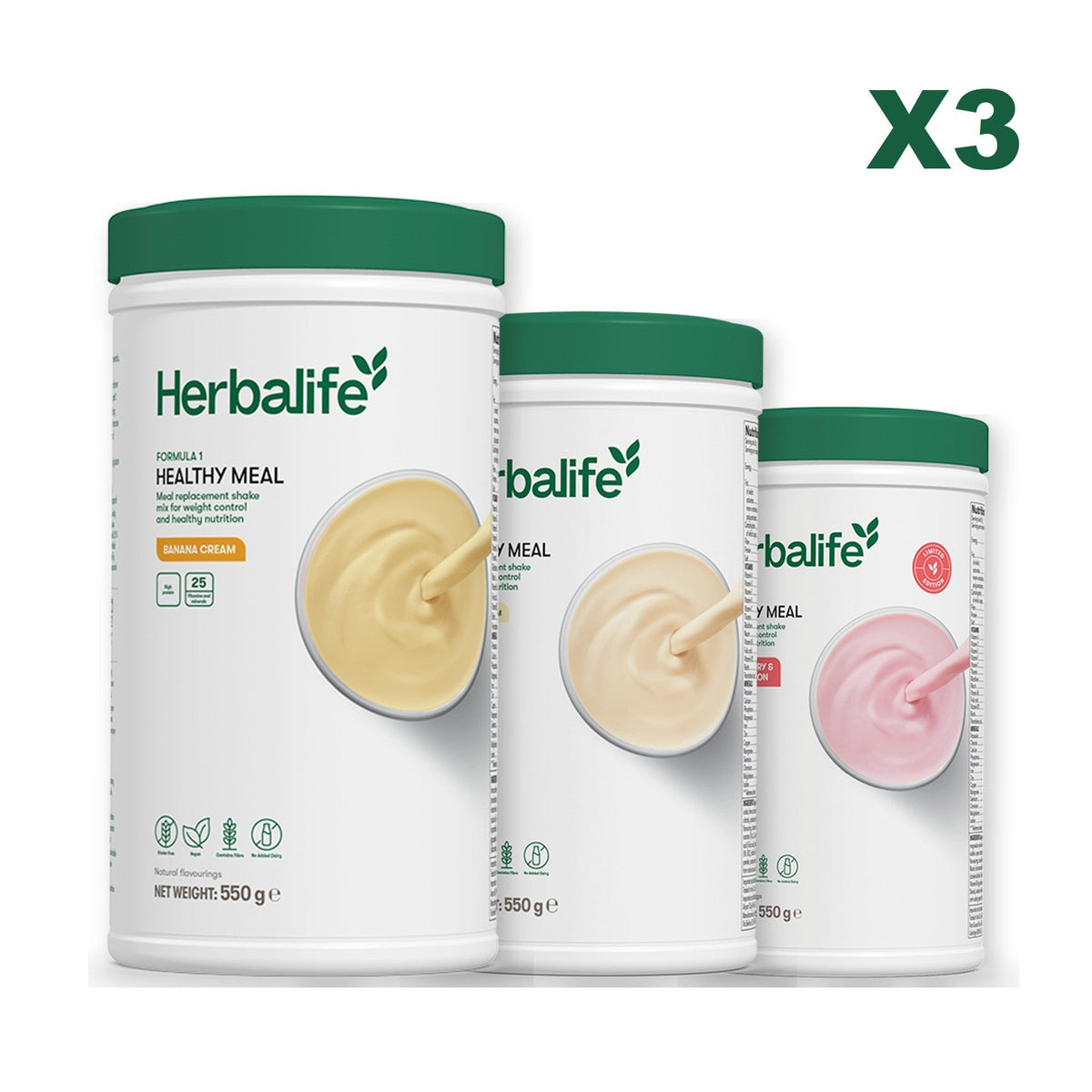 Three Formula 1 shake tubs led by Banana Cream, plus two flavours you choose, Vanilla / Strawberry Watermelon