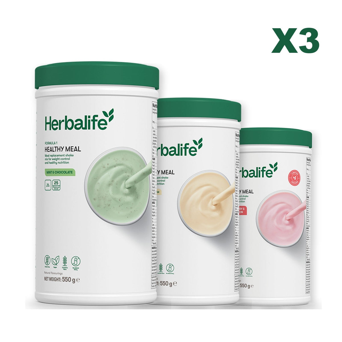 Three Formula 1 shake tubs led by Mint Chocolate, plus two flavours you choose, Vanilla / Strawberry Watermelon