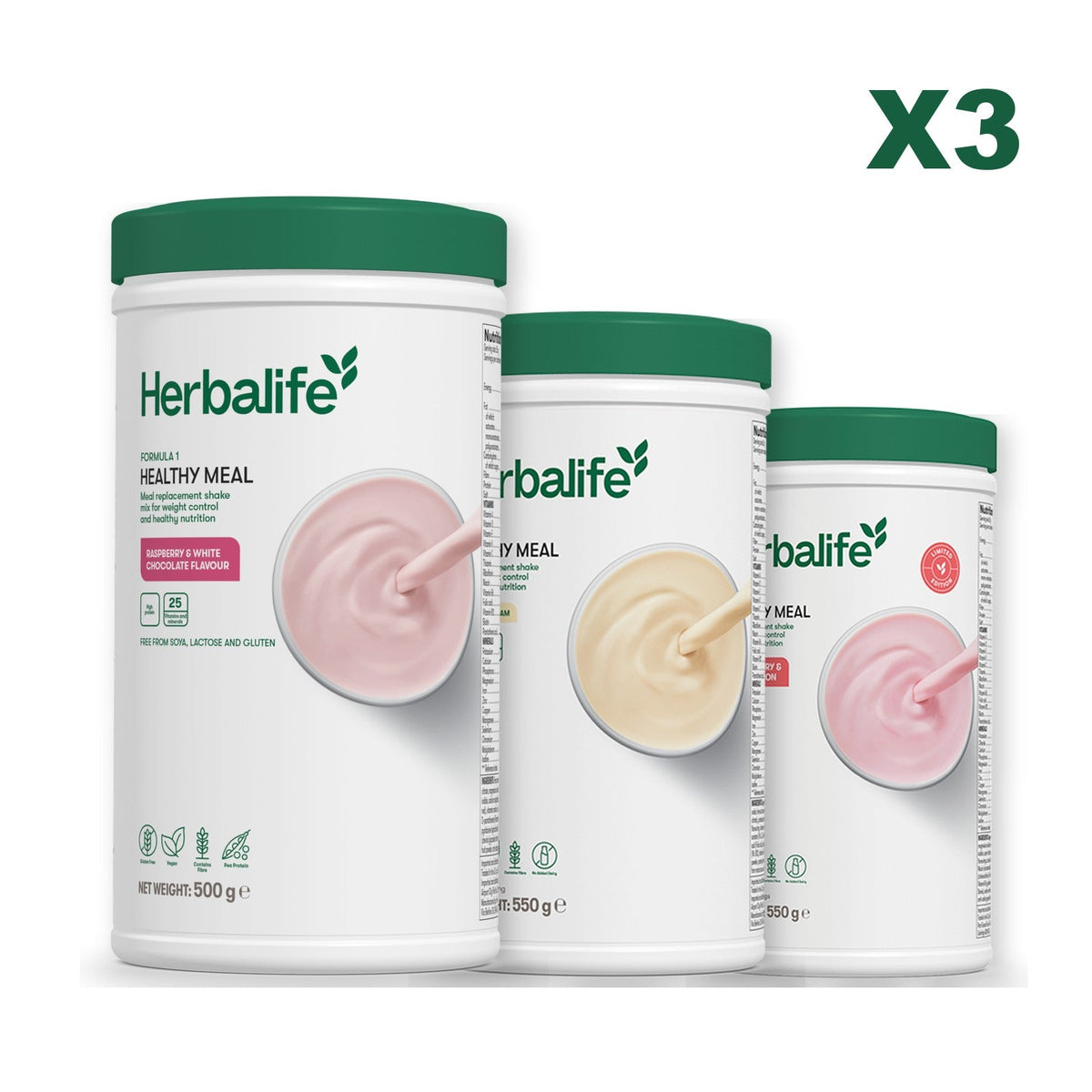Three Formula 1 shake tubs led by Free From Raspberry and White Chocolate, plus two flavours you choose, Vanilla / Strawberry Watermelon