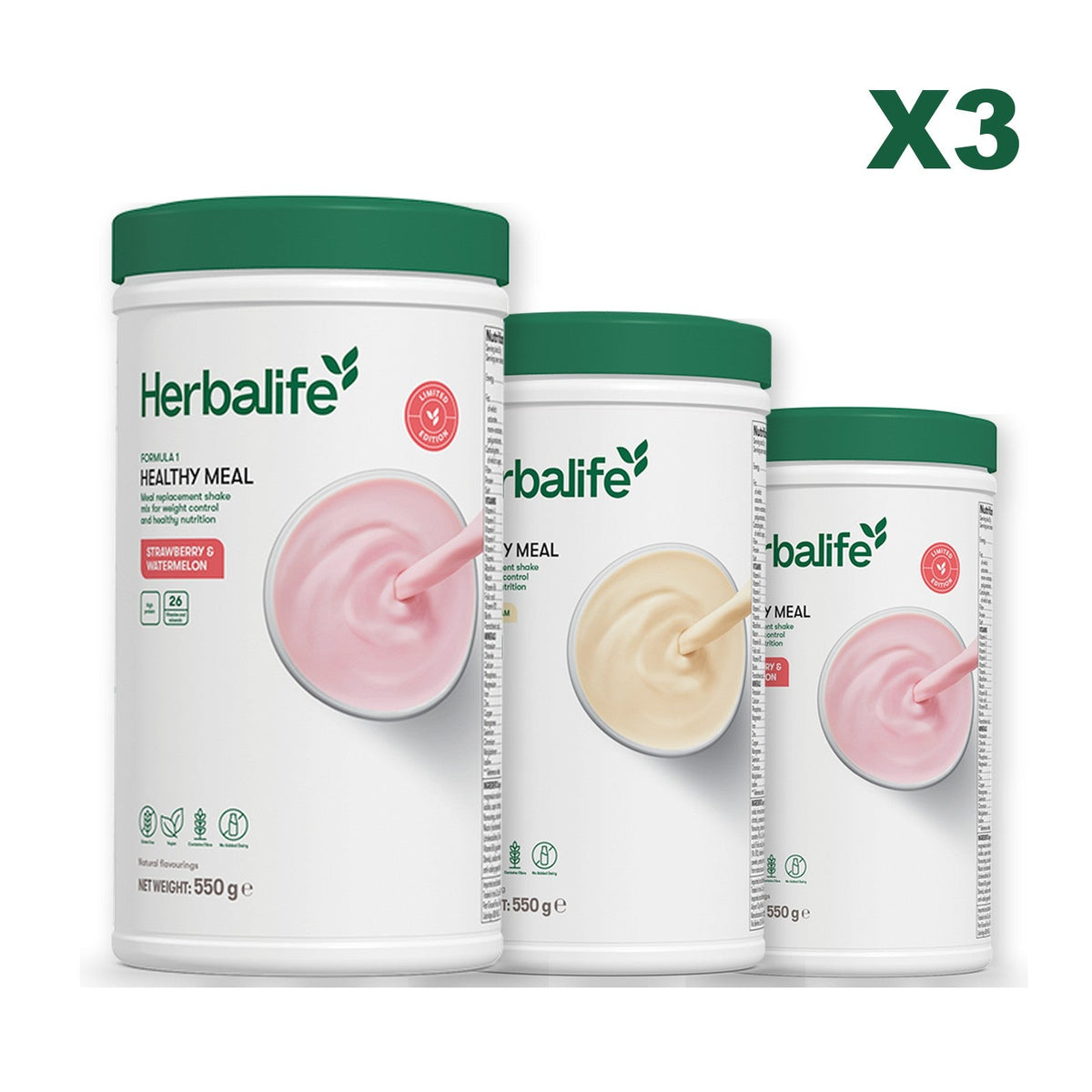 Formula 1 Strawberry Watermelon meal shake tub shown with two further Formula 1 tubs, Vanilla / Strawberry Watermelon