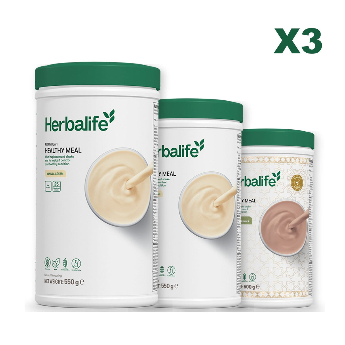 Three Formula 1 shake tubs led by Vanilla Cream, plus two flavours you choose, Vanilla / Dubai Style Chocolate