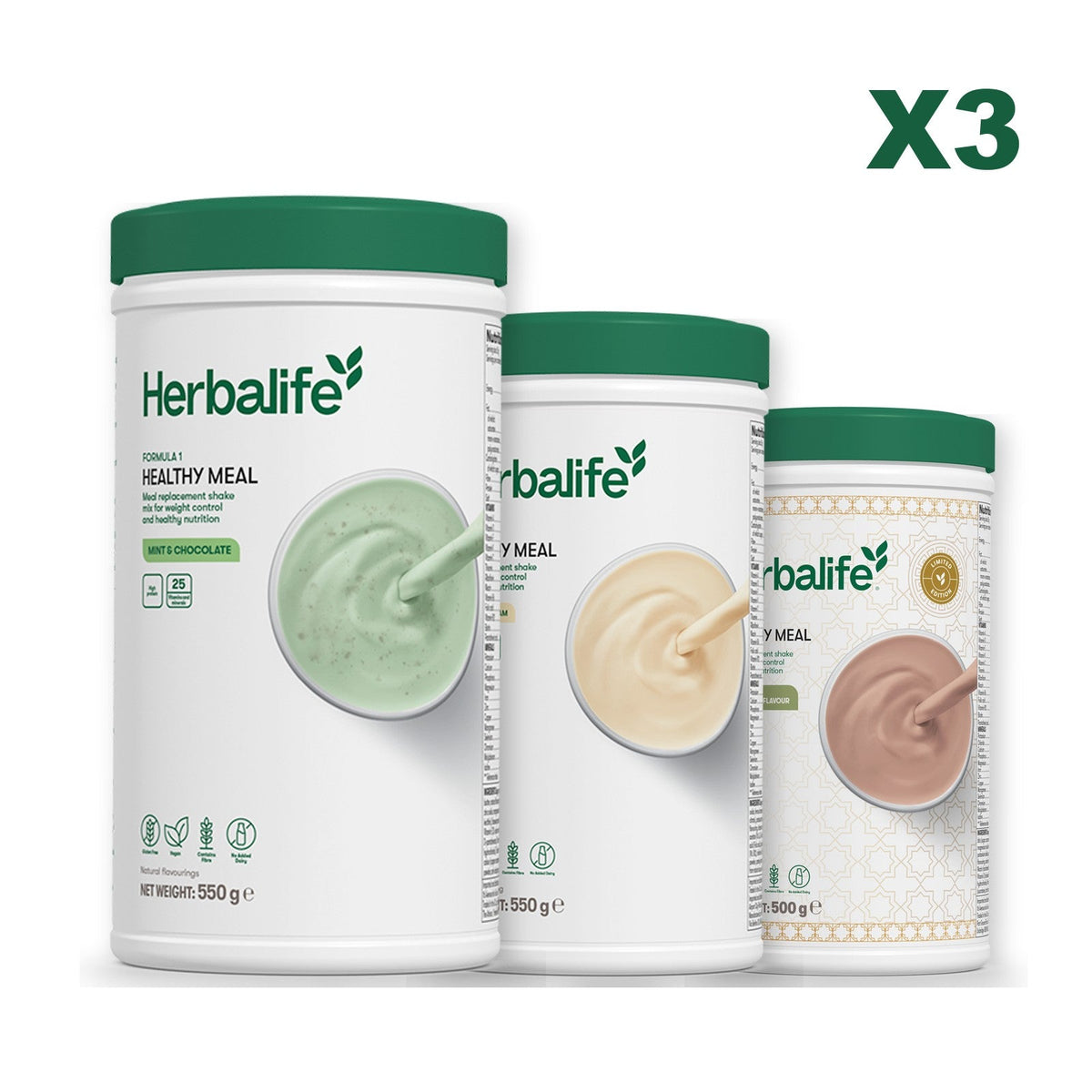 Three Formula 1 shake tubs led by Mint Chocolate, plus two flavours you choose, Vanilla / Dubai Style Chocolate