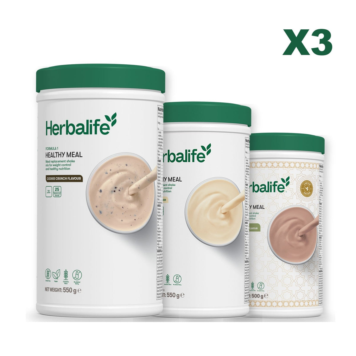 Three Formula 1 shake tubs led by Cookie Crunch, plus two flavours you choose, Vanilla / Dubai Style Chocolate