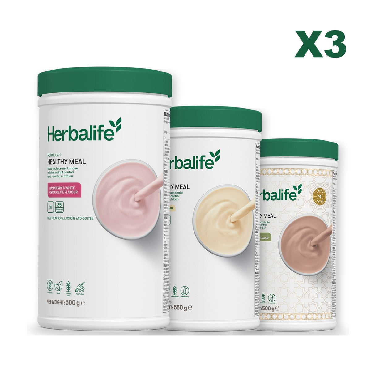Three Formula 1 shake tubs led by Free From Raspberry and White Chocolate, plus two flavours you choose, Vanilla / Dubai Style Chocolate