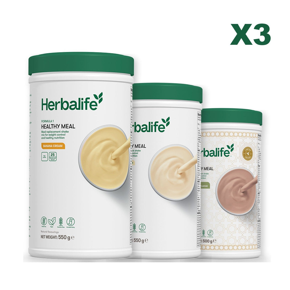 Three Formula 1 shake tubs led by Banana Cream, plus two flavours you choose, Vanilla / Dubai Style Chocolate