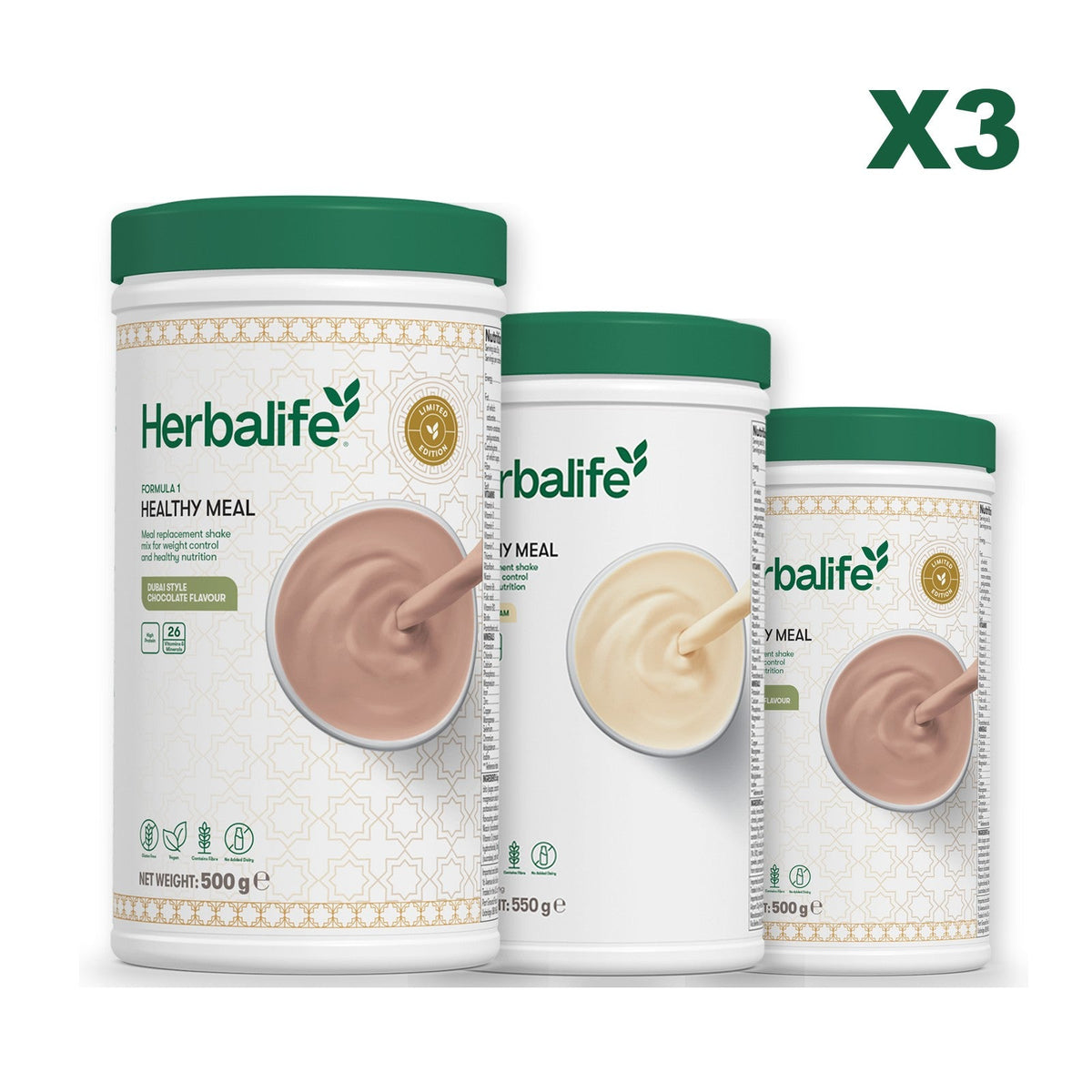 Formula 1 Dubai Style Chocolate meal shake tub shown with two further Formula 1 tubs, Vanilla / Dubai Style Chocolate