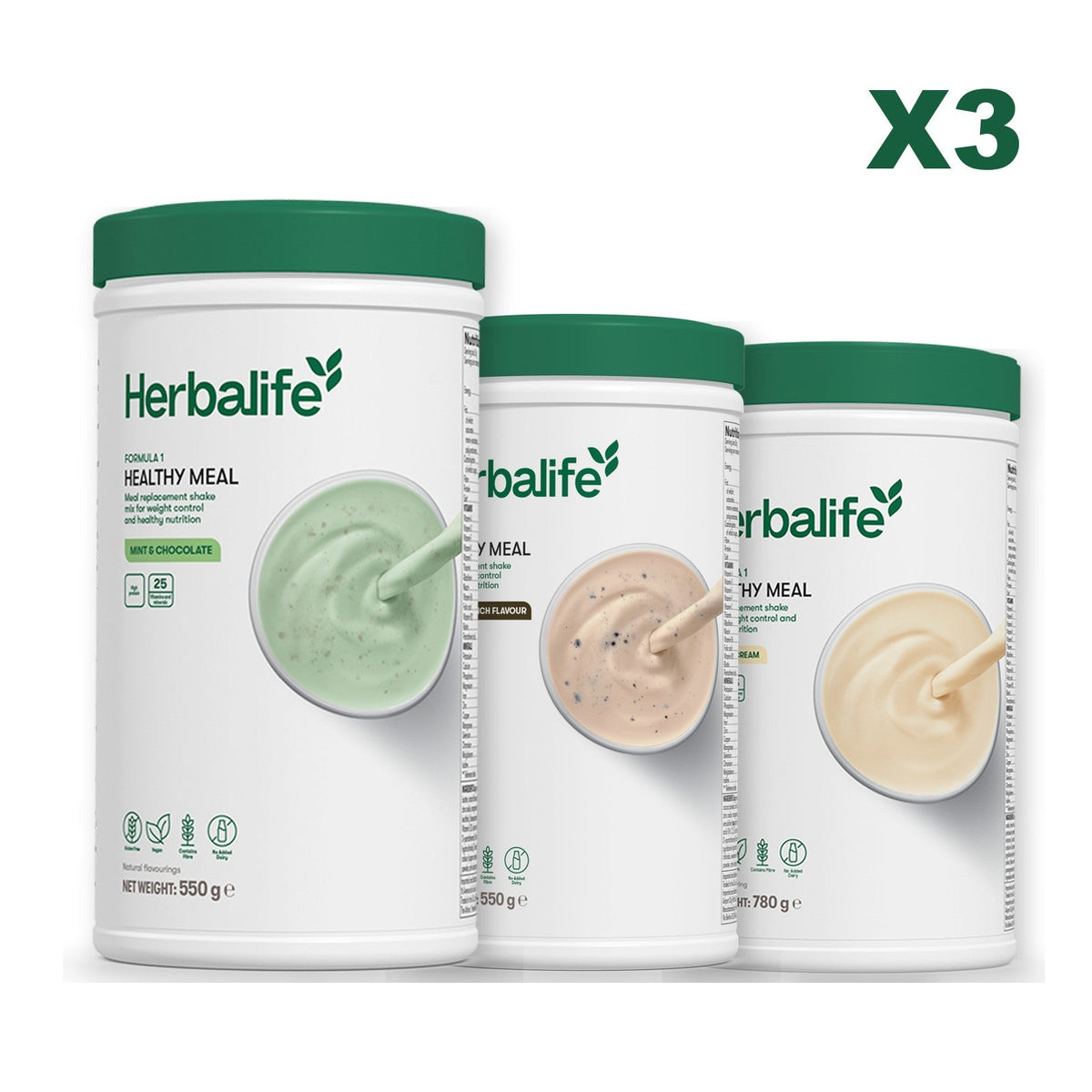 Three Formula 1 shake tubs led by Mint Chocolate, plus two flavours you choose, Cookie Crunch / Vanilla (Large 780g)