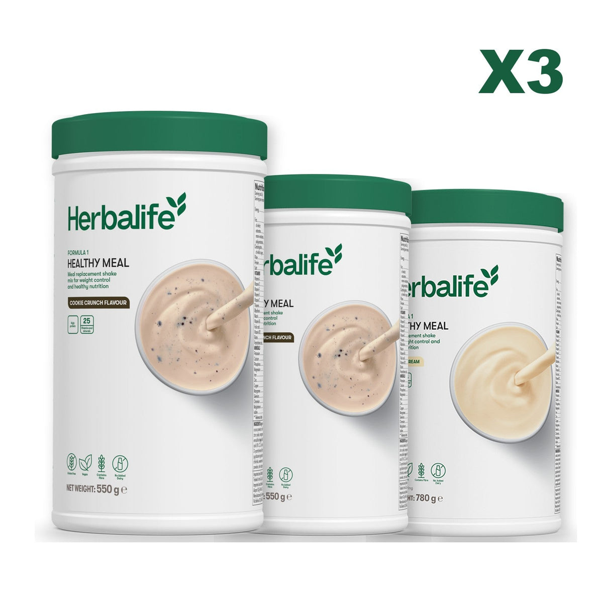 Three Formula 1 shake tubs led by Cookie Crunch, plus two flavours you choose, Cookie Crunch / Vanilla (Large 780g)