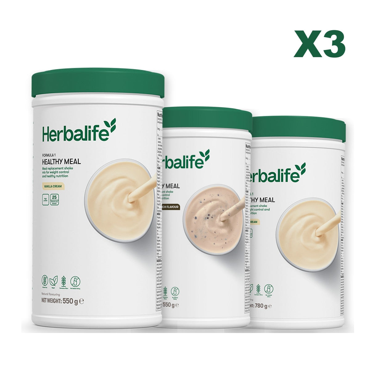 Three Formula 1 shake tubs led by Vanilla Cream, plus two flavours you choose, Cookie Crunch / Vanilla (Large 780g)