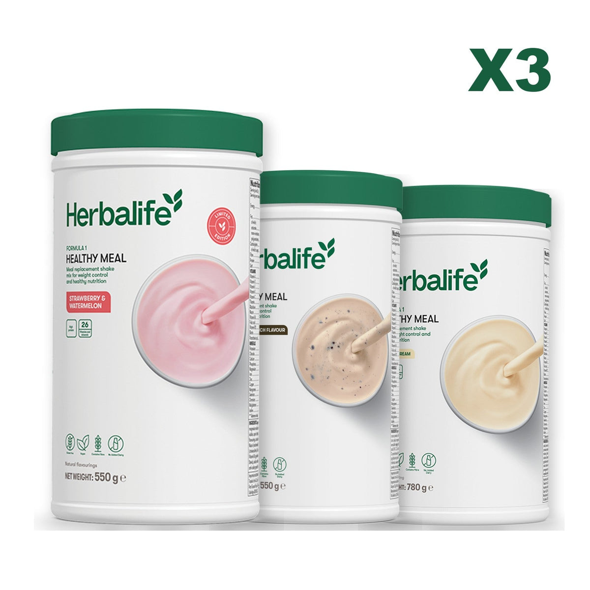 Formula 1 Strawberry Watermelon meal shake tub shown with two further Formula 1 tubs, Cookie Crunch / Vanilla (Large 780g)