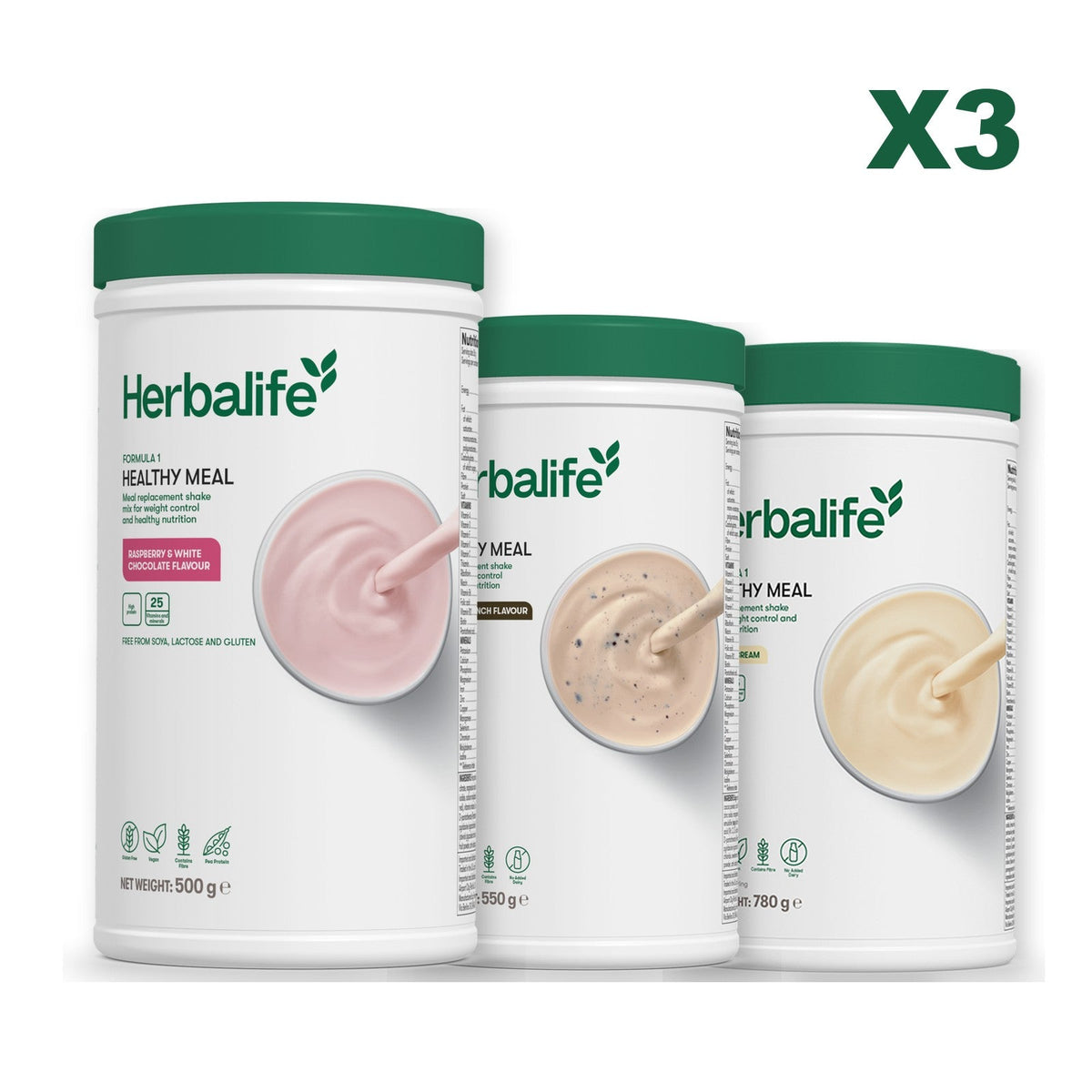 Three Formula 1 shake tubs led by Free From Raspberry and White Chocolate, plus two flavours you choose, Cookie Crunch / Vanilla (Large 780g)