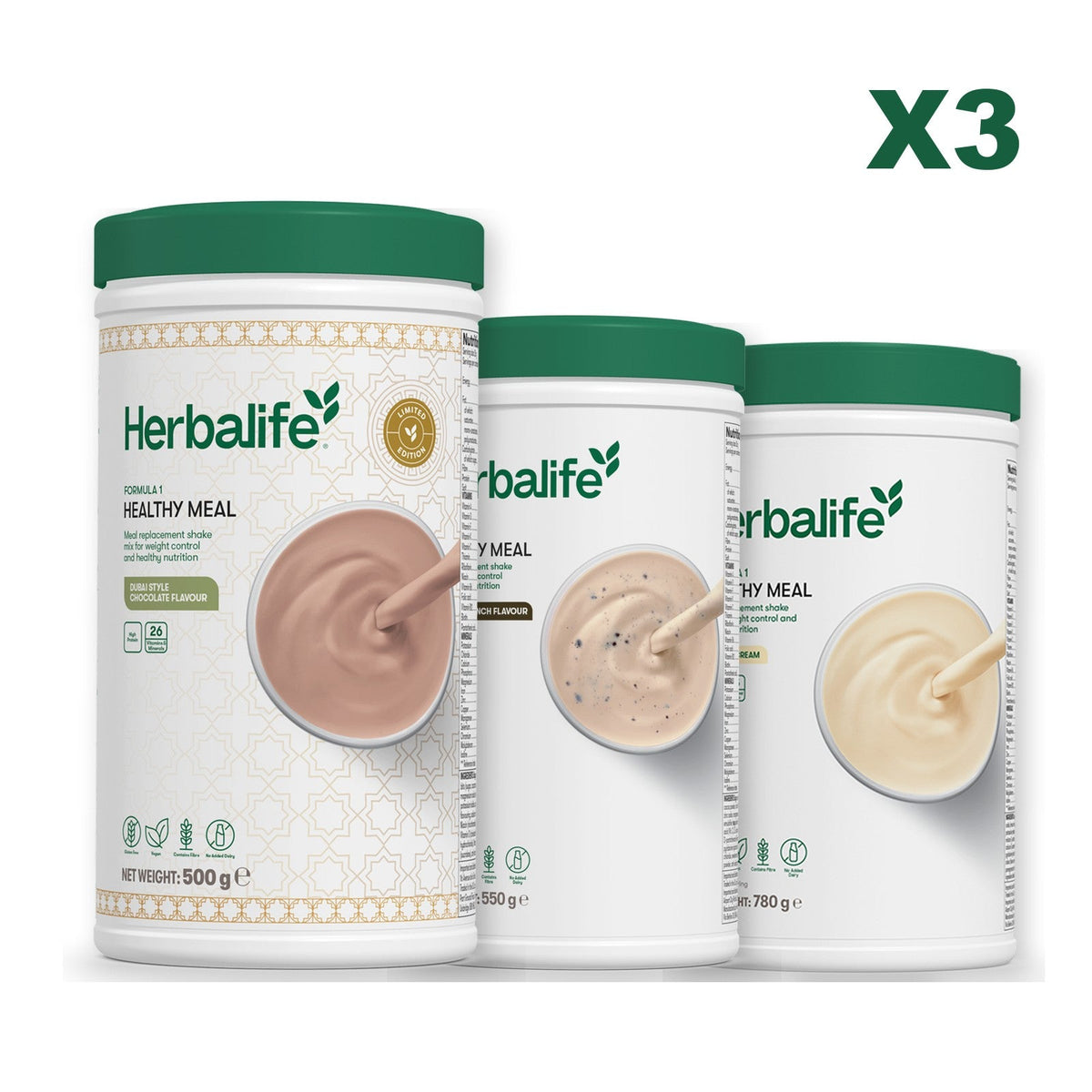 Formula 1 Dubai Style Chocolate meal shake tub shown with two further Formula 1 tubs, Cookie Crunch / Vanilla (Large 780g)