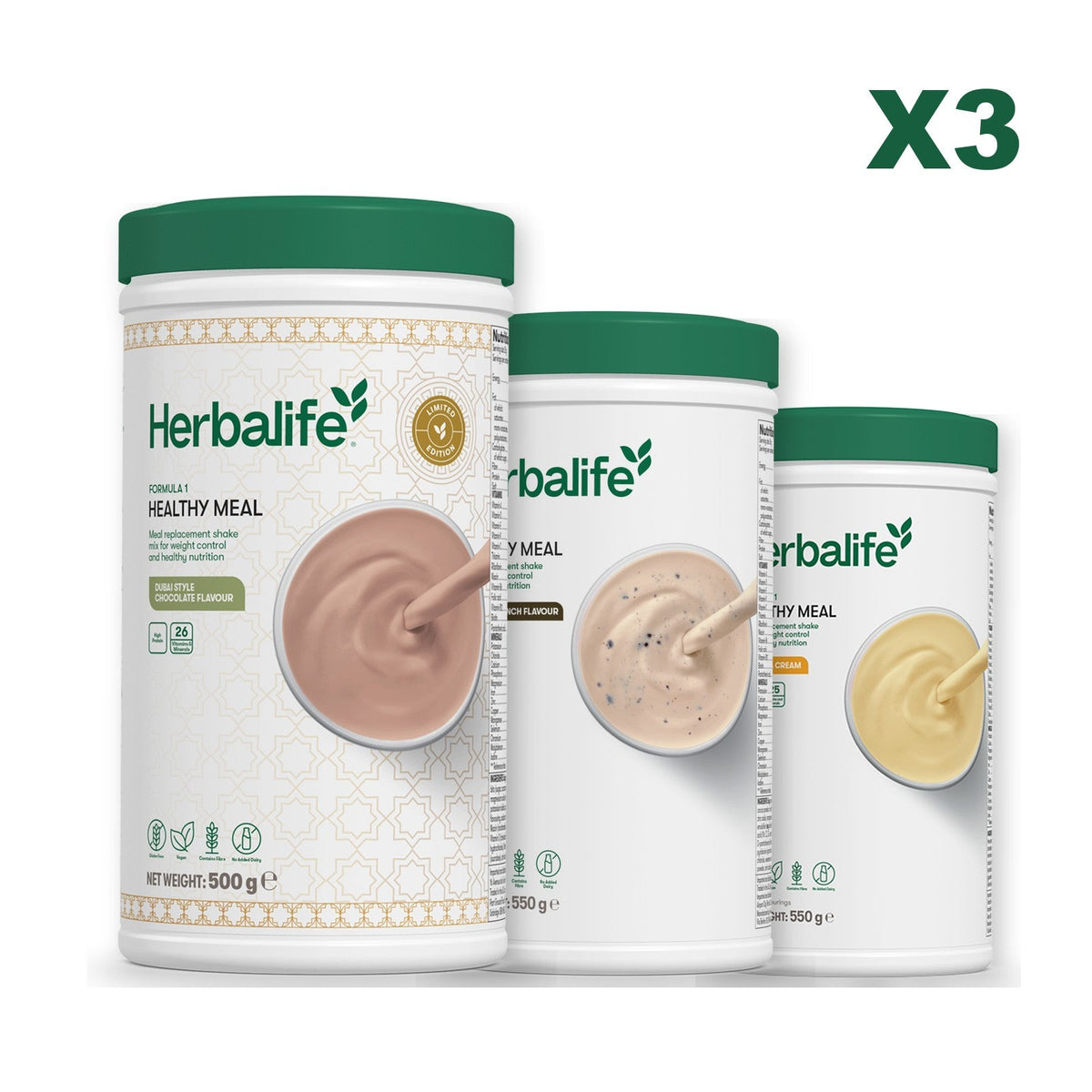 Formula 1 Dubai Style Chocolate meal shake tub shown with two further Formula 1 tubs, Cookie Crunch / Banana Cream