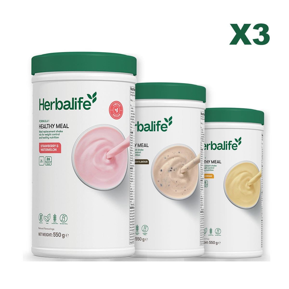 Formula 1 Strawberry Watermelon meal shake tub shown with two further Formula 1 tubs, Cookie Crunch / Banana Cream