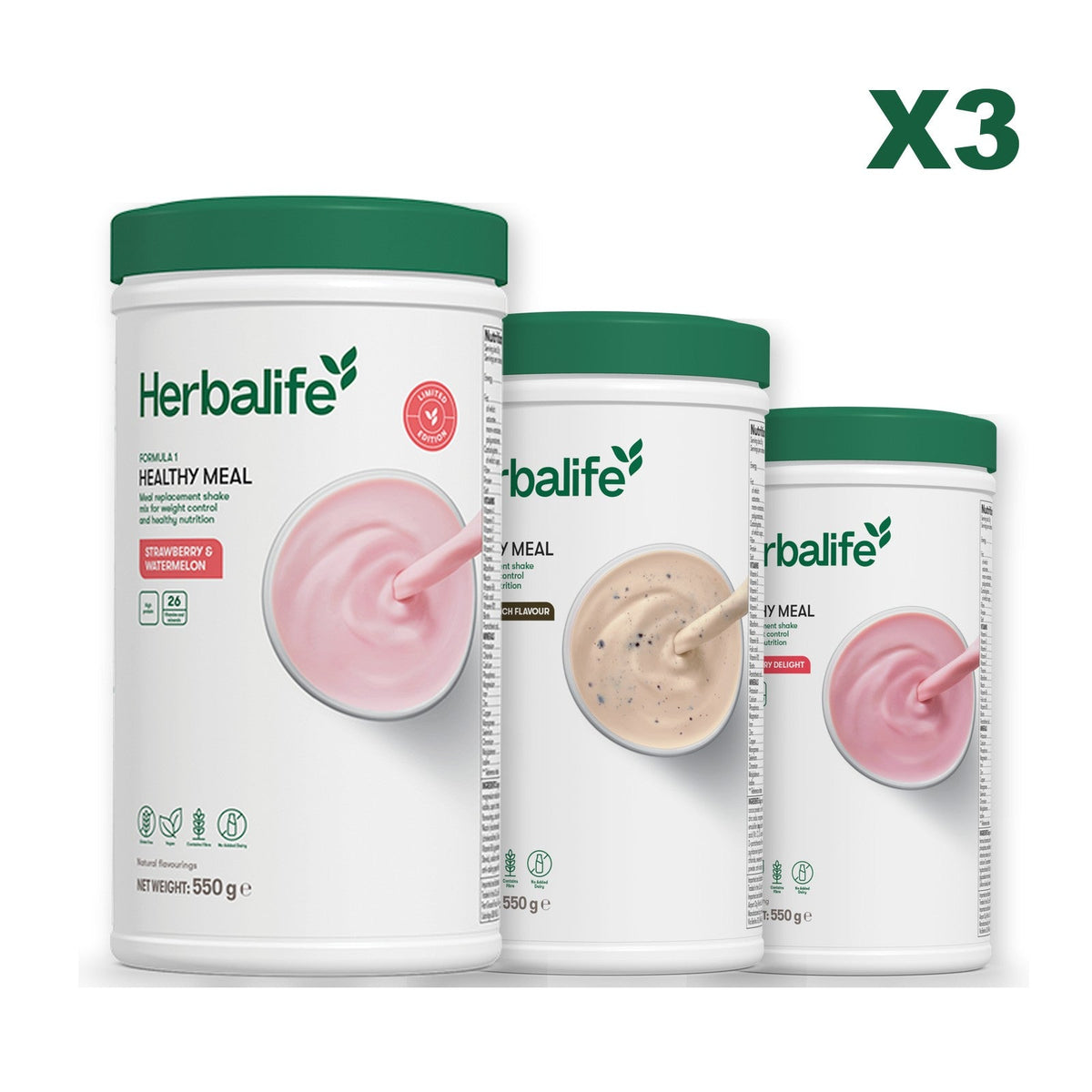 Formula 1 Strawberry Watermelon meal shake tub shown with two further Formula 1 tubs, Cookie Crunch / Strawberry