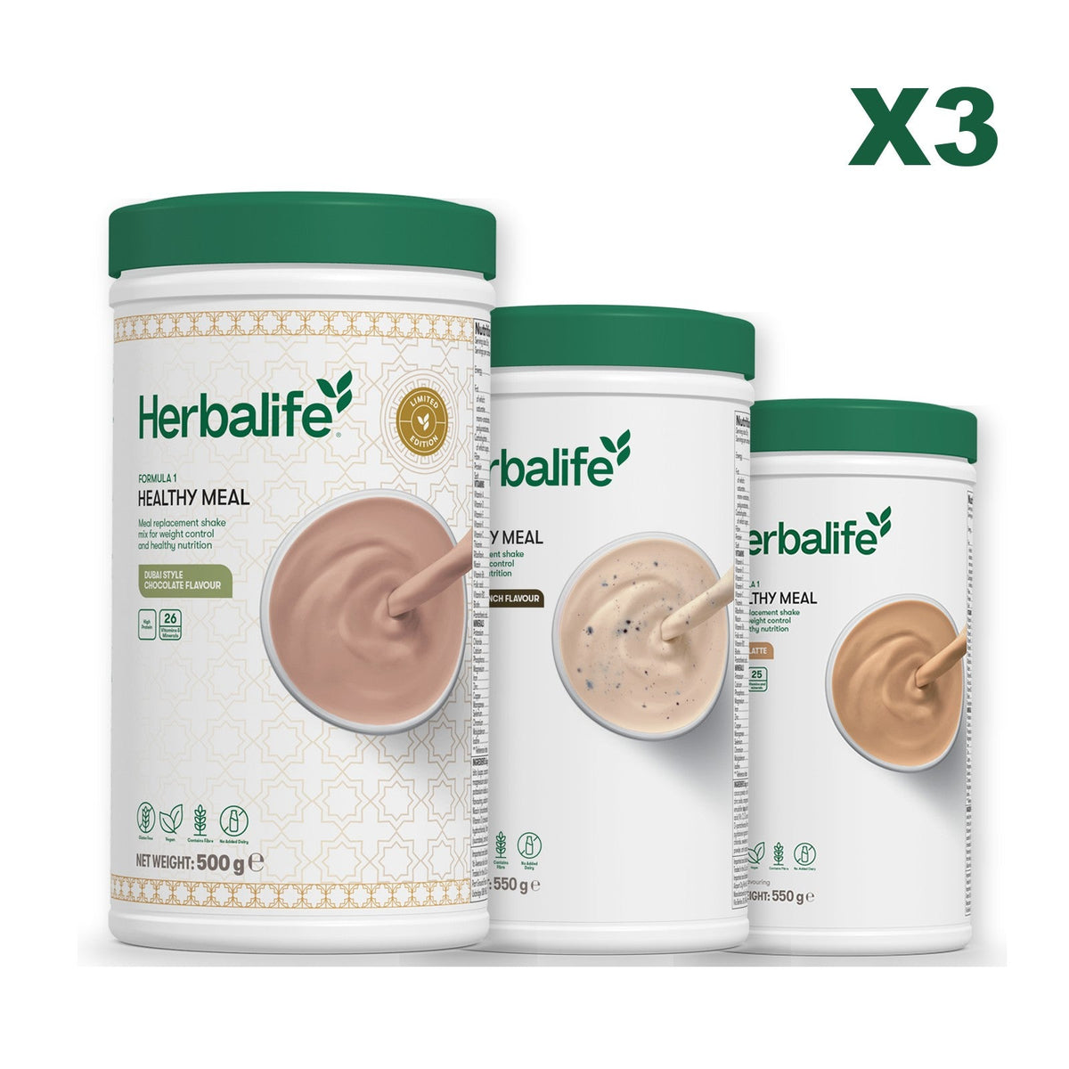 Formula 1 Dubai Style Chocolate meal shake tub shown with two further Formula 1 tubs, Cookie Crunch / Cafe Latte