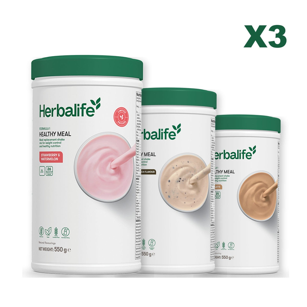 Formula 1 Strawberry Watermelon meal shake tub shown with two further Formula 1 tubs, Cookie Crunch / Cafe Latte
