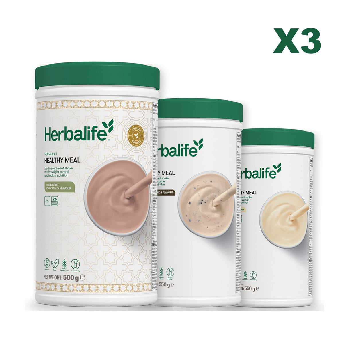 Formula 1 Dubai Style Chocolate meal shake tub shown with two further Formula 1 tubs, Cookie Crunch / Vanilla