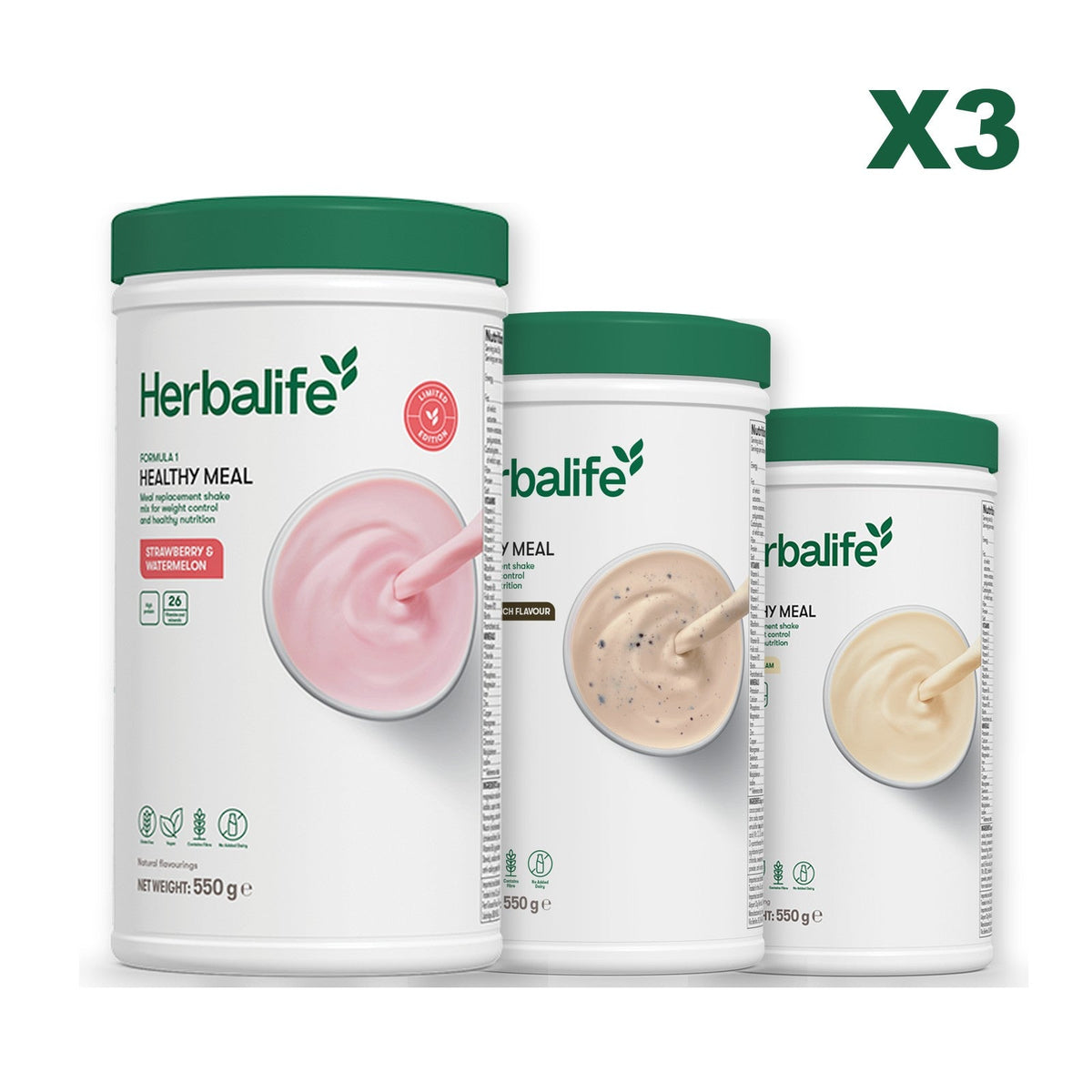 Formula 1 Strawberry Watermelon meal shake tub shown with two further Formula 1 tubs, Cookie Crunch / Vanilla