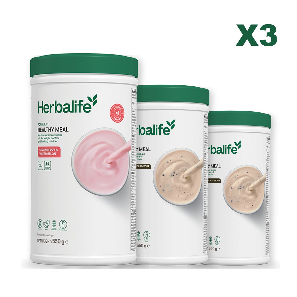 Formula 1 Strawberry Watermelon meal shake tub shown with two further Formula 1 tubs, Cookie Crunch / Cookie Crunch