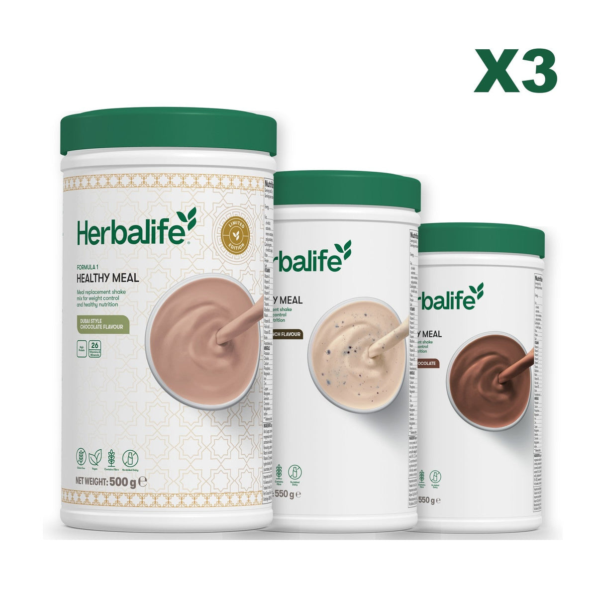 Formula 1 Dubai Style Chocolate meal shake tub shown with two further Formula 1 tubs, Cookie Crunch / Chocolate