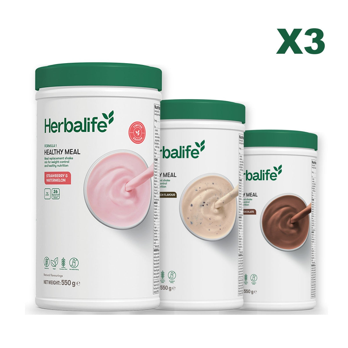 Formula 1 Strawberry Watermelon meal shake tub shown with two further Formula 1 tubs, Cookie Crunch / Chocolate