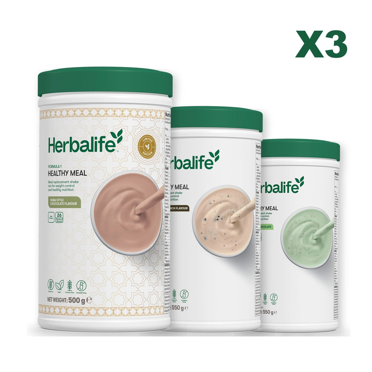 Formula 1 Dubai Style Chocolate meal shake tub shown with two further Formula 1 tubs, Cookie Crunch / Mint Chocolate