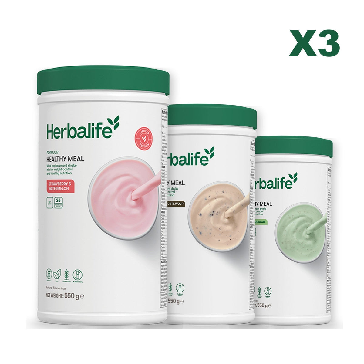 Formula 1 Strawberry Watermelon meal shake tub shown with two further Formula 1 tubs, Cookie Crunch / Mint Chocolate