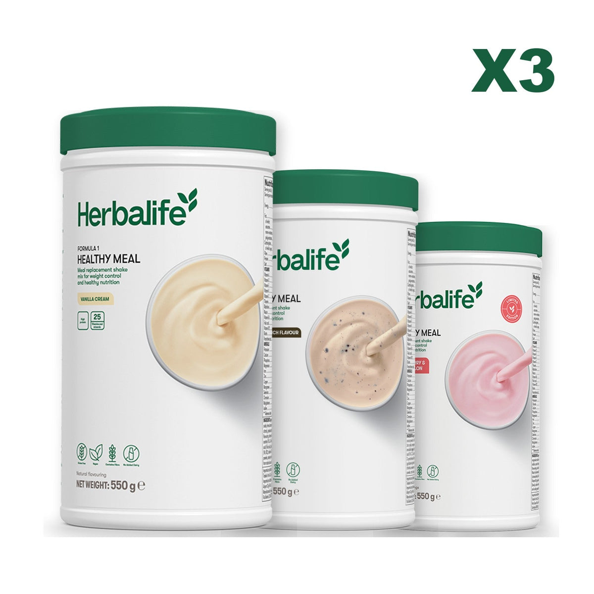 Three Formula 1 shake tubs led by Vanilla Cream, plus two flavours you choose, Cookie Crunch / Strawberry Watermelon