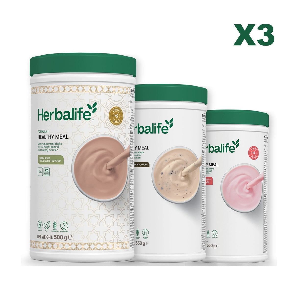 Formula 1 Dubai Style Chocolate meal shake tub shown with two further Formula 1 tubs, Cookie Crunch / Strawberry Watermelon