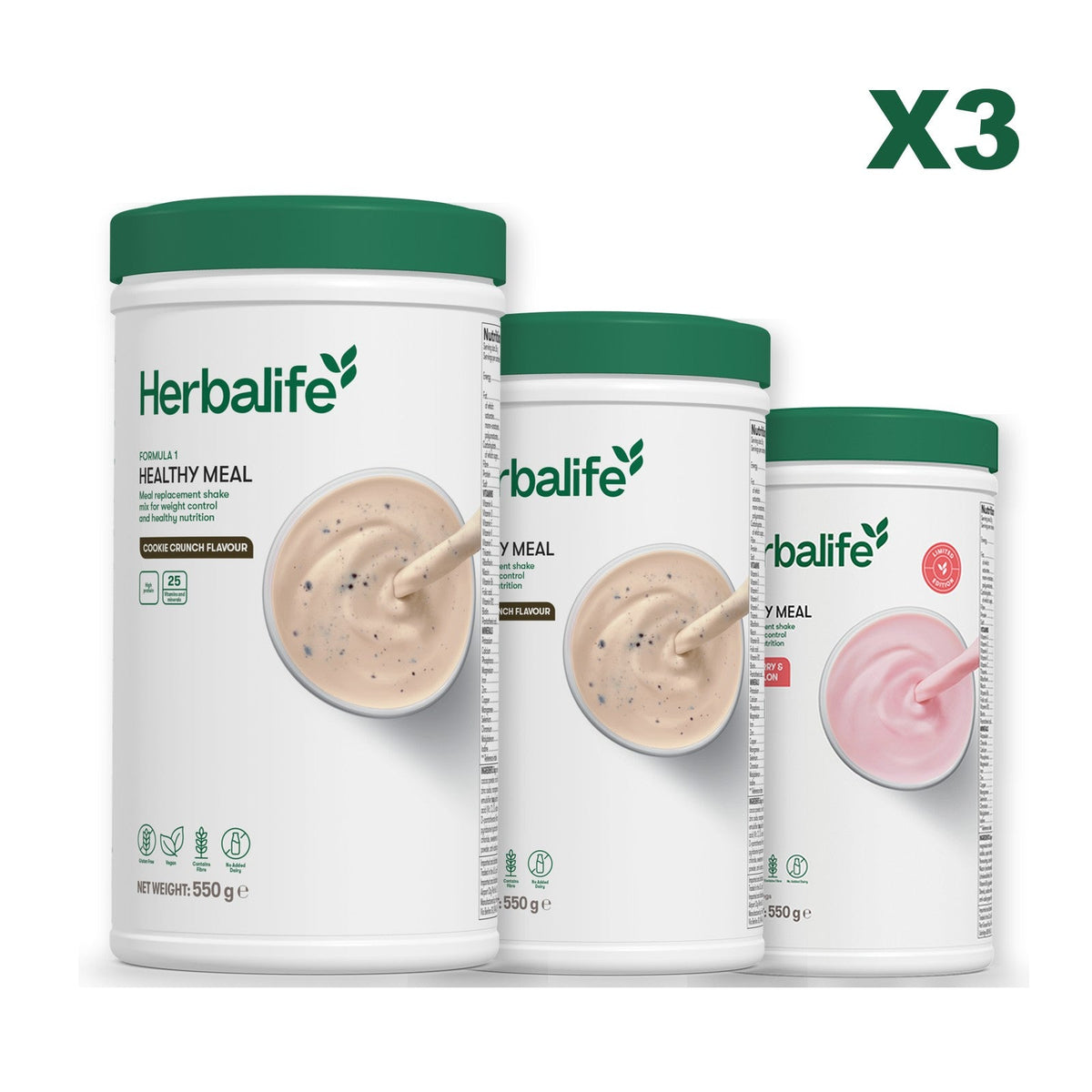 Three Formula 1 shake tubs led by Cookie Crunch, plus two flavours you choose, Cookie Crunch / Strawberry Watermelon
