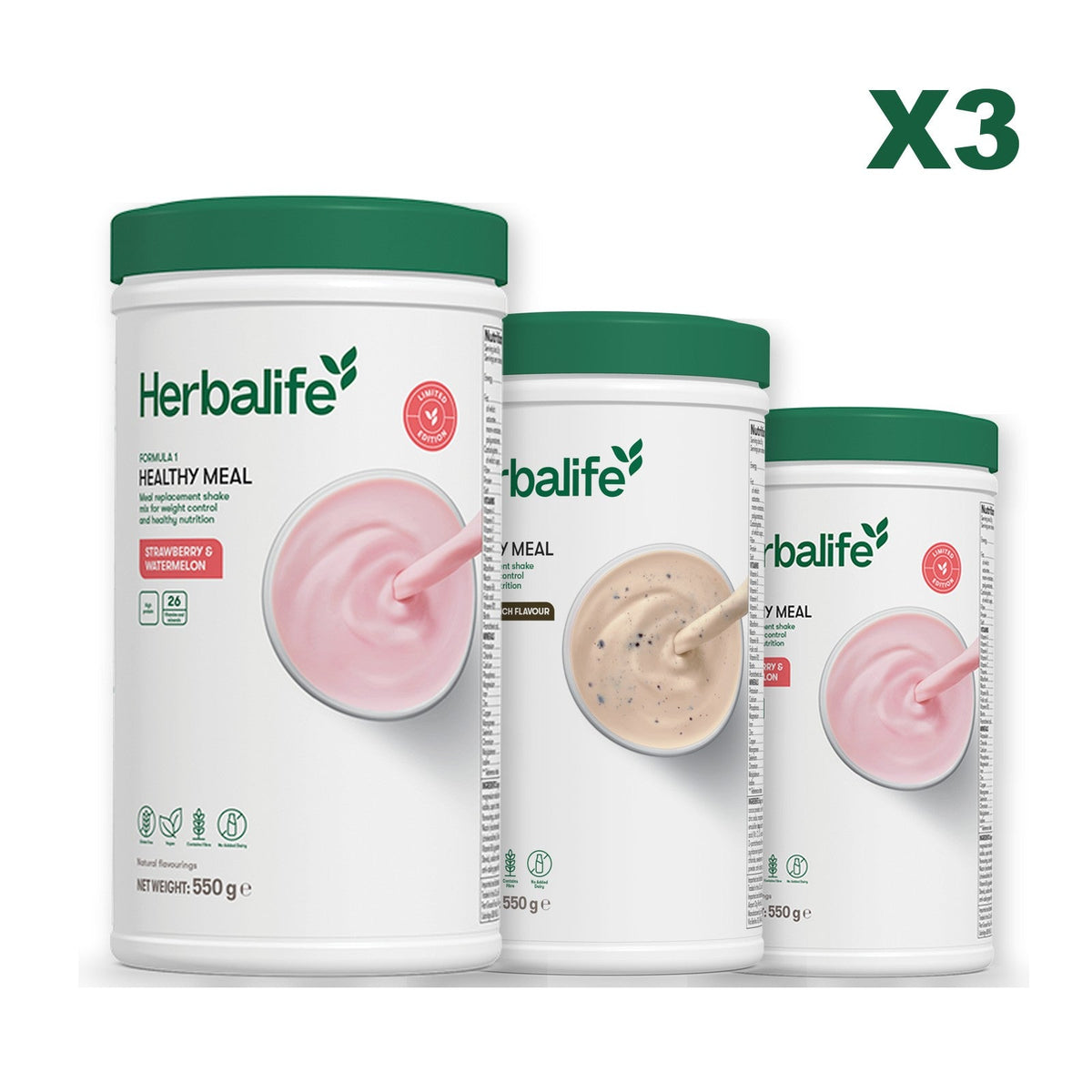 Formula 1 Strawberry Watermelon meal shake tub shown with two further Formula 1 tubs, Cookie Crunch / Strawberry Watermelon