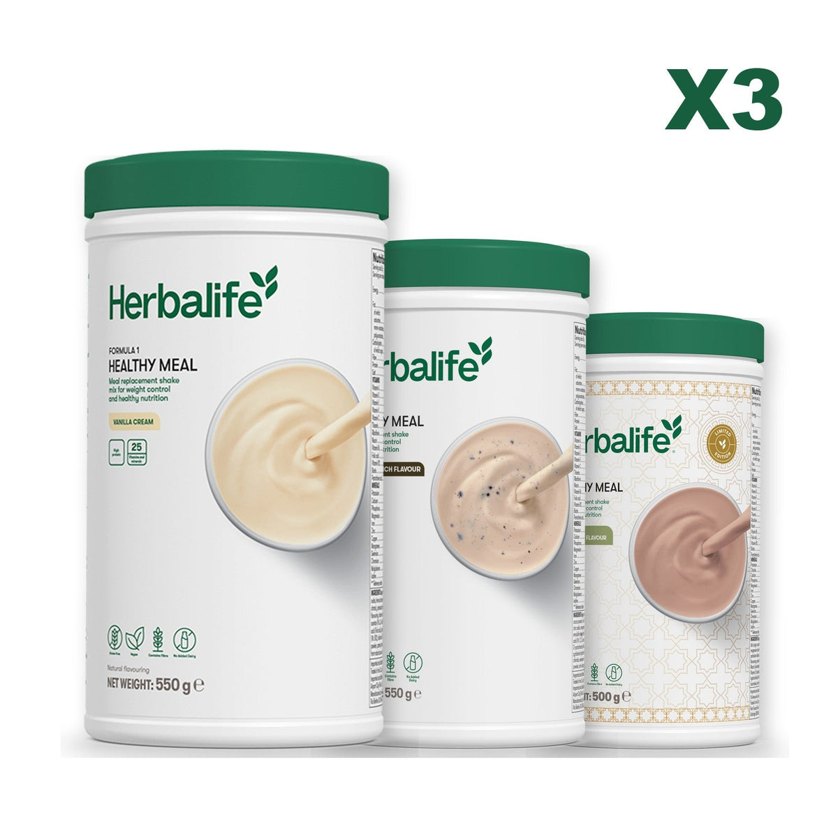 Three Formula 1 shake tubs led by Vanilla Cream, plus two flavours you choose, Cookie Crunch / Dubai Style Chocolate