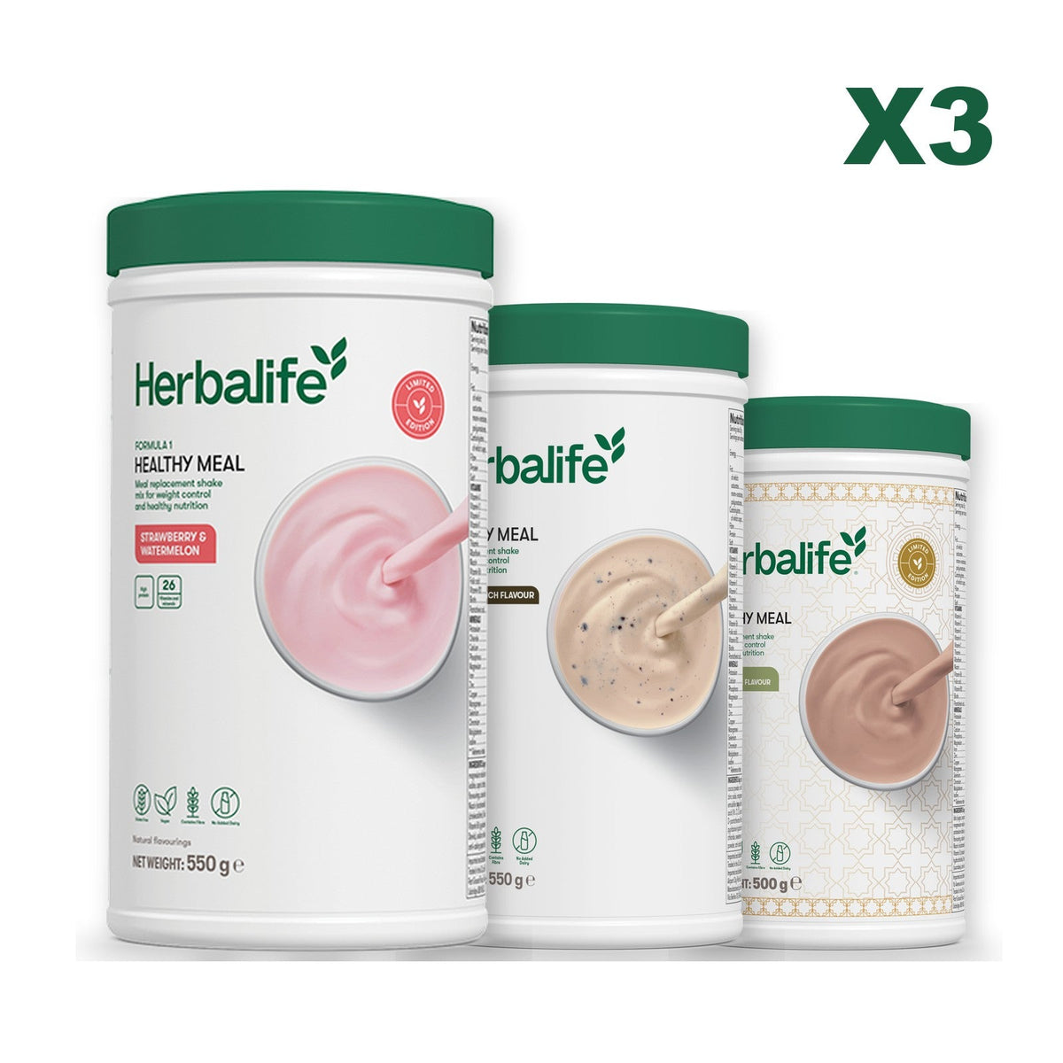 Formula 1 Strawberry Watermelon meal shake tub shown with two further Formula 1 tubs, Cookie Crunch / Dubai Style Chocolate