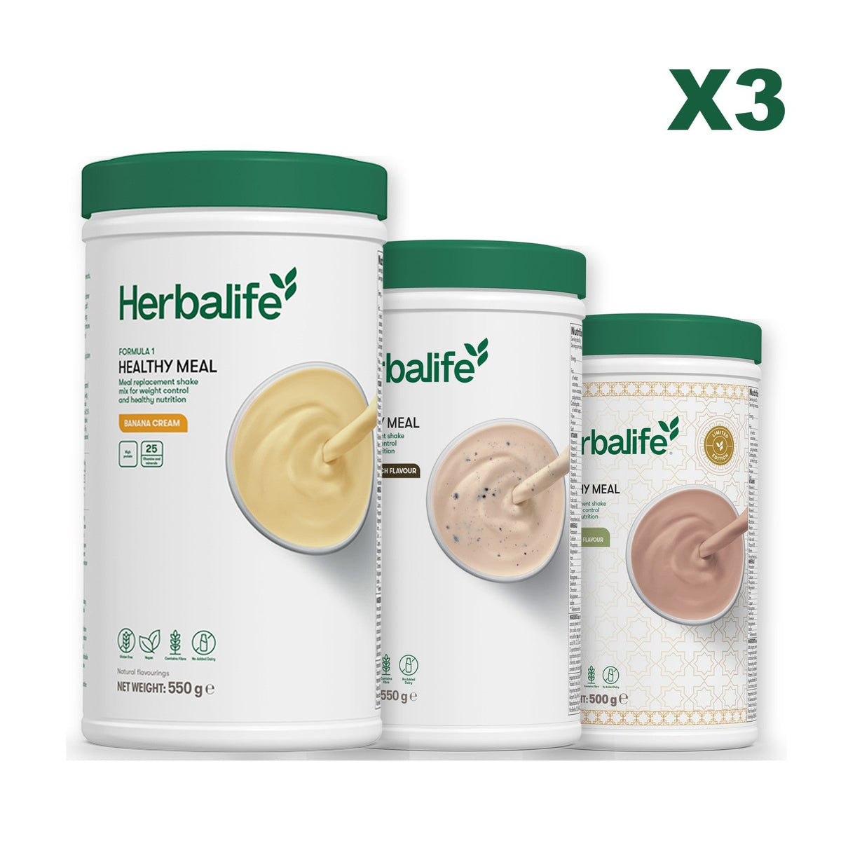 Three Formula 1 shake tubs led by Banana Cream, plus two flavours you choose, Cookie Crunch / Dubai Style Chocolate