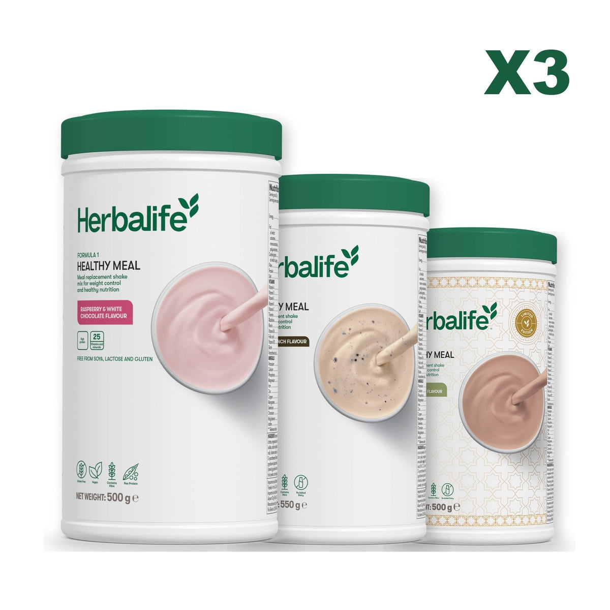 Three Formula 1 shake tubs led by Free From Raspberry and White Chocolate, plus two flavours you choose, Cookie Crunch / Dubai Style Chocolate