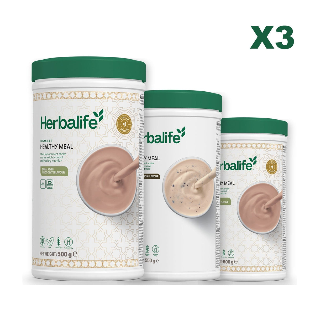 Formula 1 Dubai Style Chocolate meal shake tub shown with two further Formula 1 tubs, Cookie Crunch / Dubai Style Chocolate